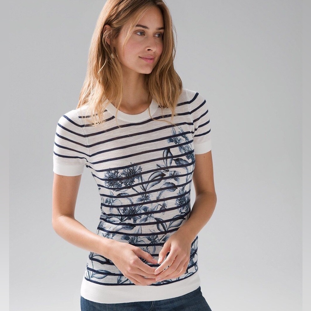 (EUC) White House Black Market Floral Striped Crew Neck Sweater Tee